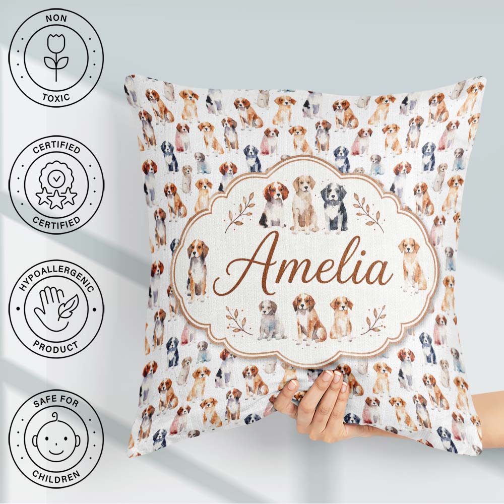Custom Name Watercolor Puppy Dogs on White Seamless Pattern Name Square Filled Cushion Throw Pillow Sofa Bed Home Decor Zip Washable UK Made