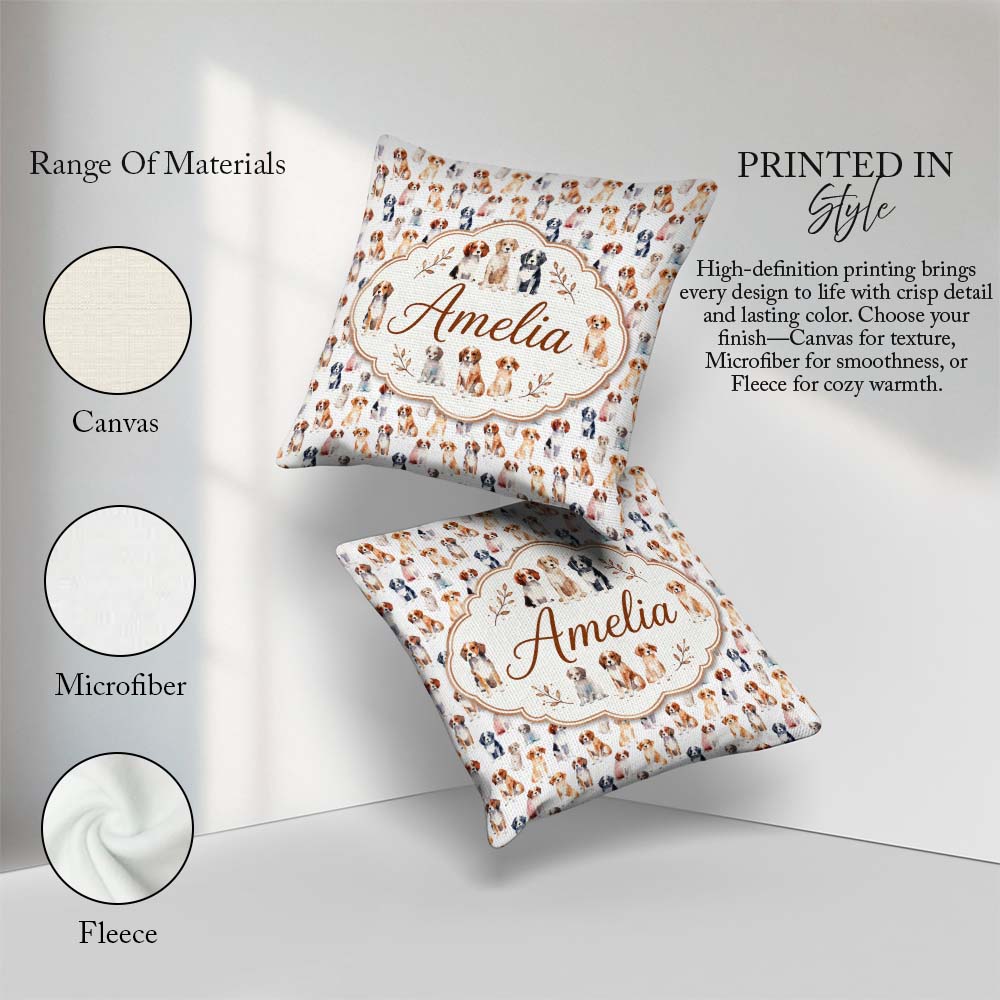 Custom Name Watercolor Puppy Dogs on White Seamless Pattern Name Square Filled Cushion Throw Pillow Sofa Bed Home Decor Zip Washable UK Made