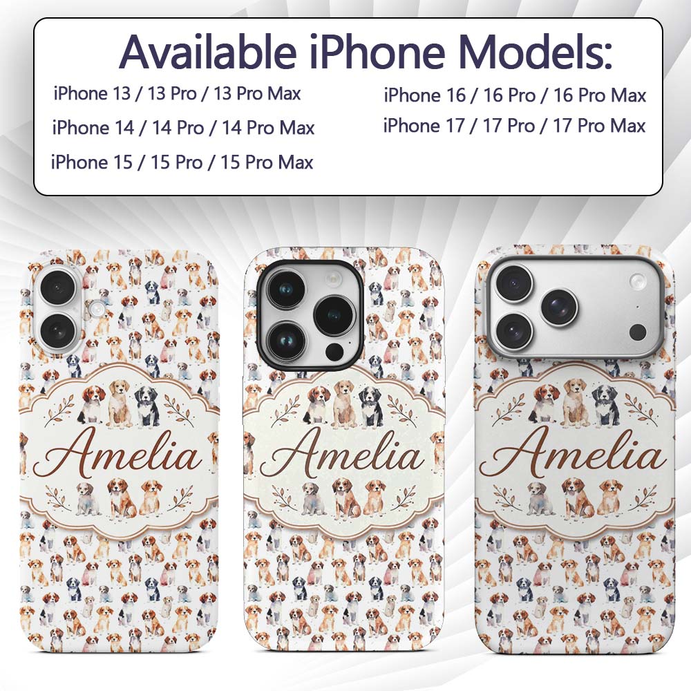 Cute Watercolor Puppy Dogs on White Background Custom Name Protective Phone Case Mobile Cover Durable Everyday Smartphone Shock Resistant