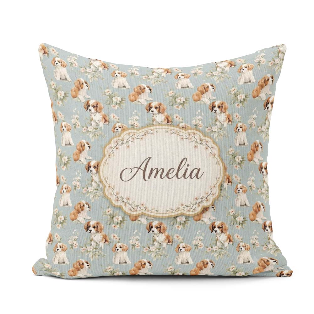 Custom Name Adorable Puppy Dogs with Elements Soft Blue Seamless Square Filled Cushion Throw Pillow Sofa Bed Home Decor Zip Washable UK Made