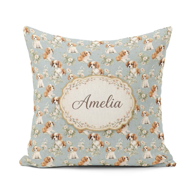 Custom Name Adorable Puppy Dogs with Elements Soft Blue Seamless Square Filled Cushion Throw Pillow Sofa Bed Home Decor Zip Washable UK Made