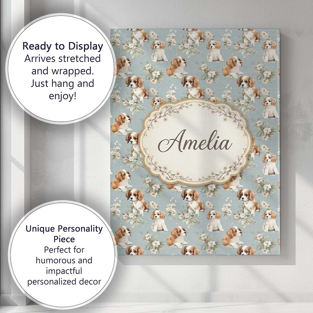 Personalised Name Adorable Puppy Dogs with Custom  Unique Gift Idea Elegant Feature Canvas Wall Art Print Decor Picture Ready to Hang