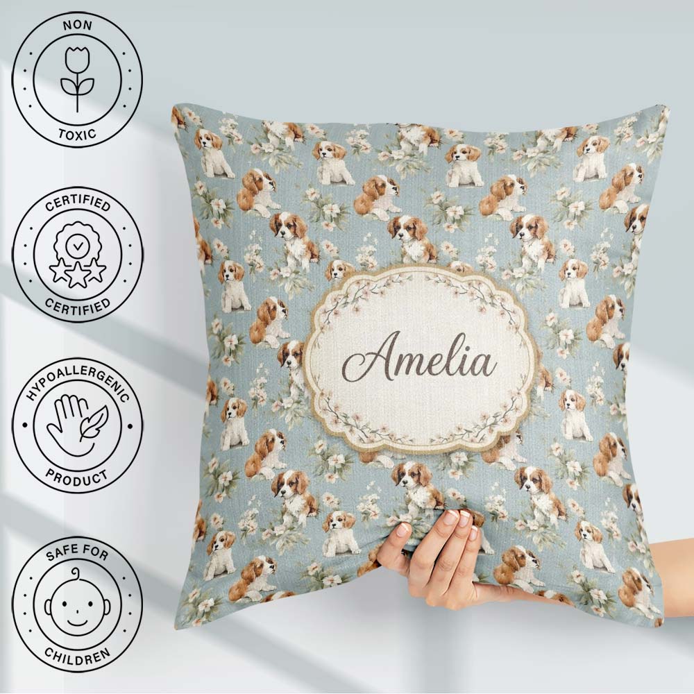 Custom Name Adorable Puppy Dogs with Elements Soft Blue Seamless Square Filled Cushion Throw Pillow Sofa Bed Home Decor Zip Washable UK Made