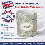 Personalized Custom Name Adorable Puppy Dogs with Floral Elements Soft Blue Seamless Pattern 11oz Ceramic Coffee Tea Mug White Large Handle