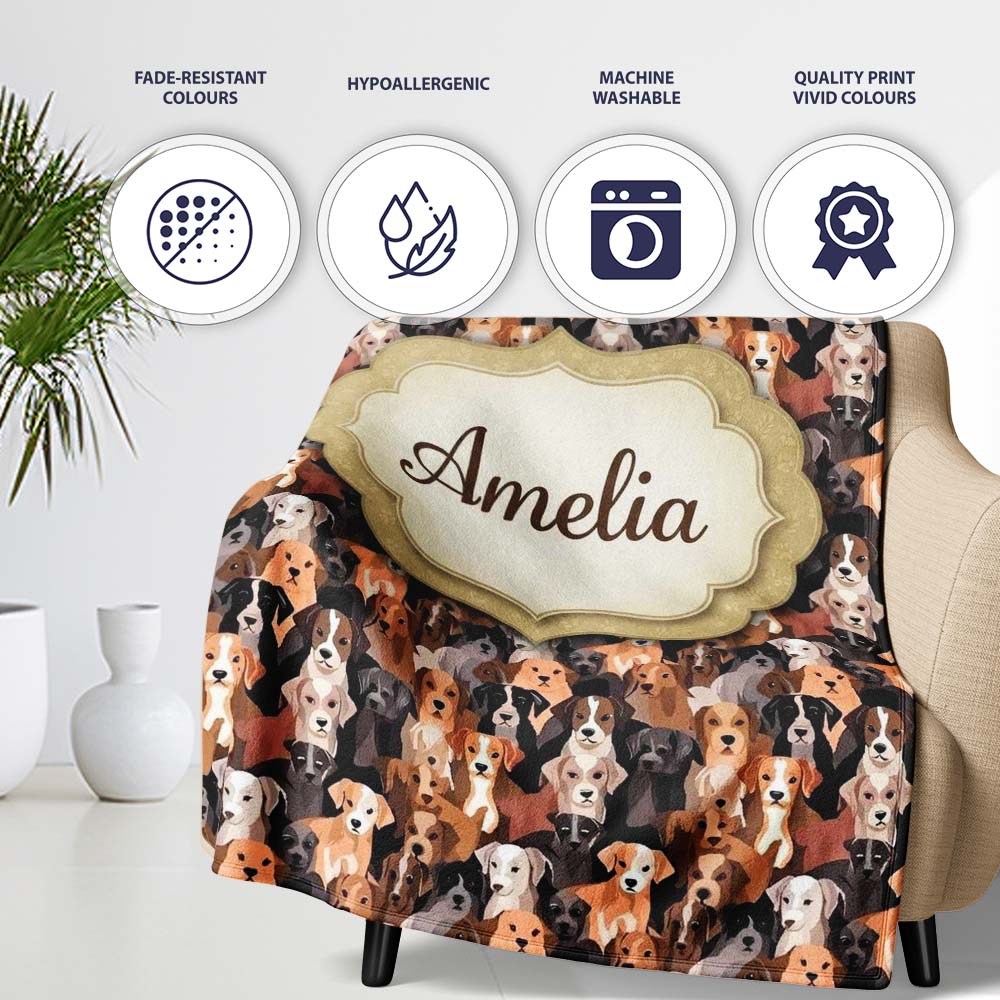 Cute Cartoon Dog Breeds on Dark Background Seamless Pattern Name  Personalised Custom Name Super Soft Fleece Blanket Bed Sofa Throw