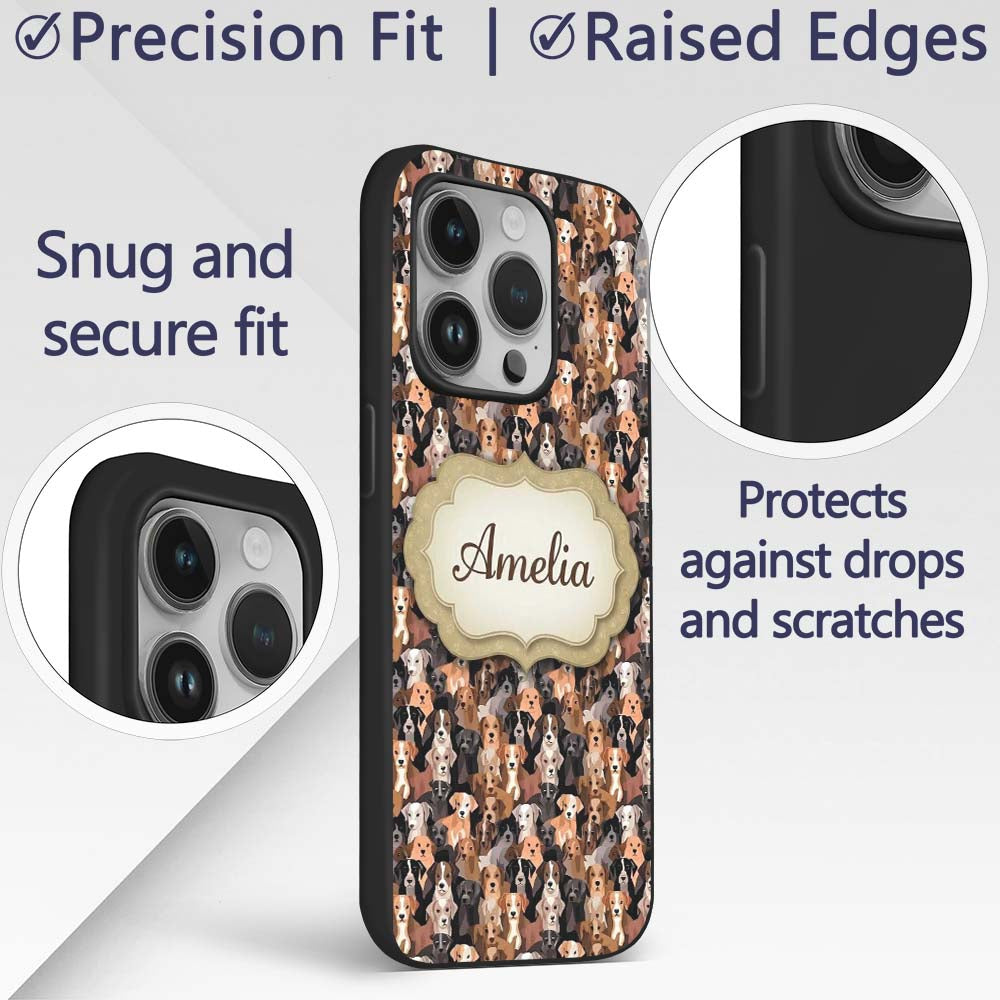 Cute Cartoon Dog Breeds on Dark Printed Design Custom Name Protective Phone Case Mobile Cover Durable Everyday Smartphone Shock Resistant