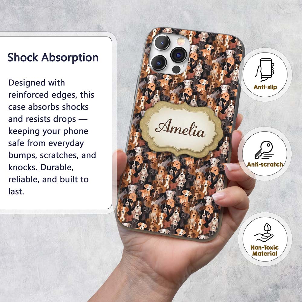 Cute Cartoon Dog Breeds on Dark Printed Design Custom Name Protective Phone Case Mobile Cover Durable Everyday Smartphone Shock Resistant