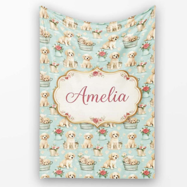 Cute Golden Retriever Puppies with Vintage Buckets Seamless Pattern  Personalised Custom Name Super Soft Fleece Blanket Bed Sofa Throw