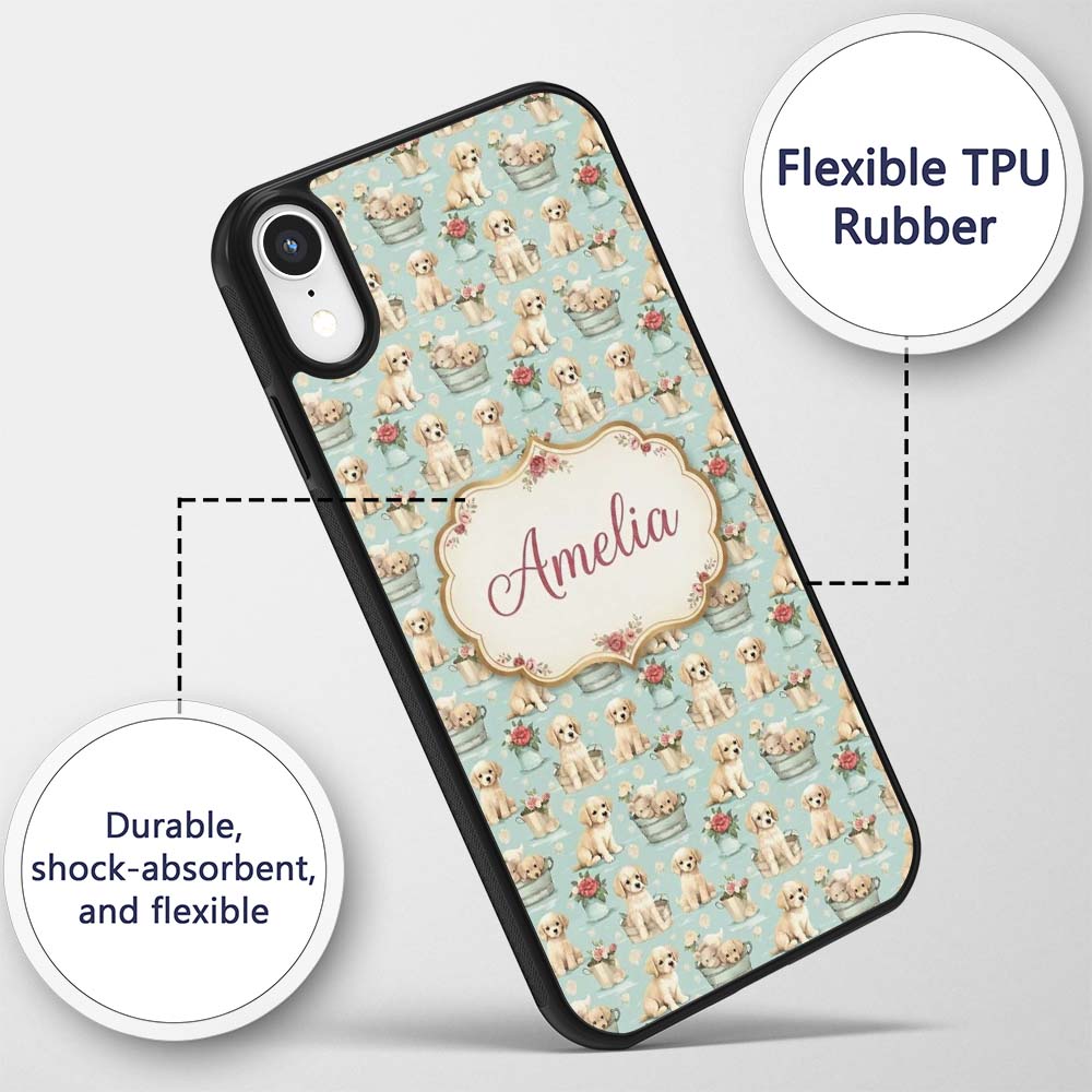 Cute Golden Retriever Puppies with Printed Design Custom Name Protective Phone Case Mobile Cover Durable Everyday Smartphone Shock Resistant