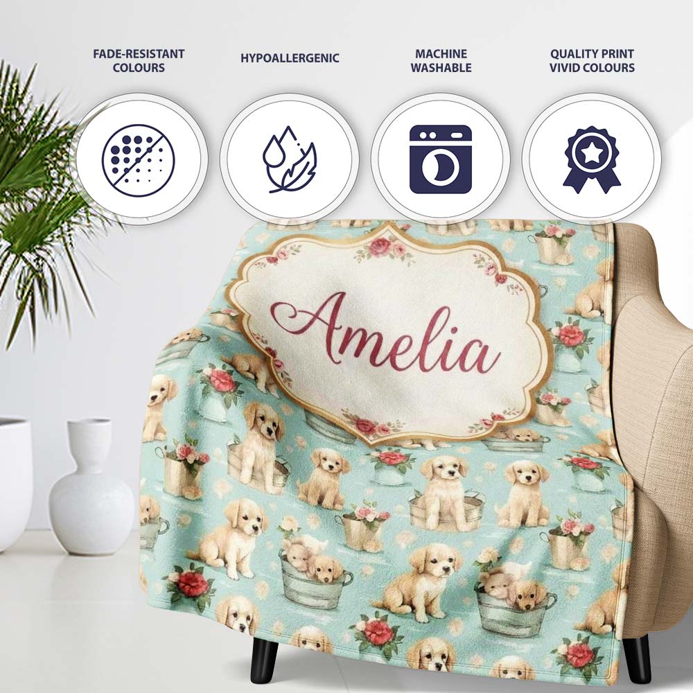 Cute Golden Retriever Puppies with Vintage Buckets Seamless Pattern  Personalised Custom Name Super Soft Fleece Blanket Bed Sofa Throw