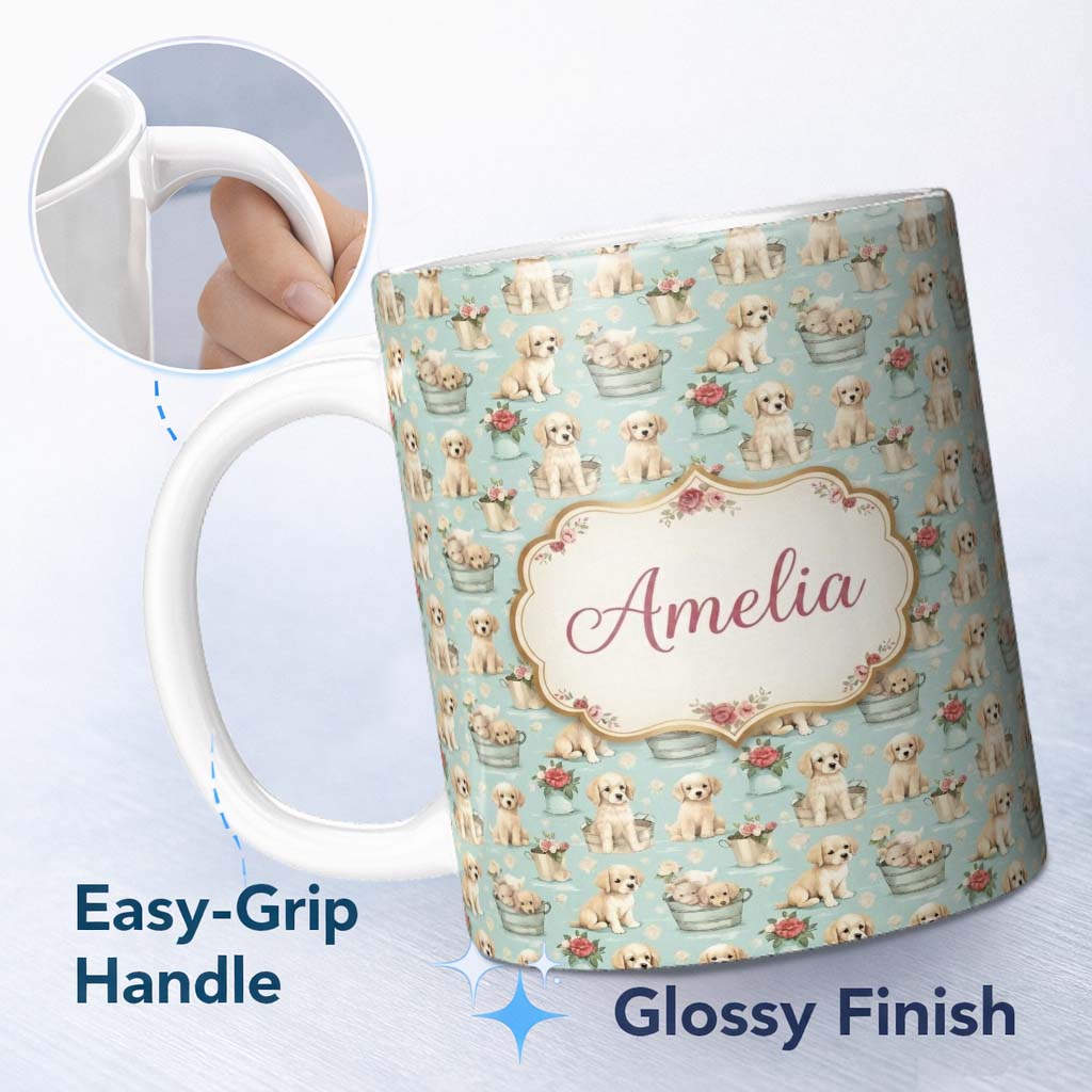 Personalized Custom Name Cute Golden Retriever Puppies with Vintage Buckets Seamless Pattern 11oz Ceramic Coffee Tea Mug White Large Handle