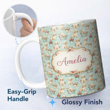 Personalized Custom Name Cute Golden Retriever Puppies with Vintage Buckets Seamless Pattern 11oz Ceramic Coffee Tea Mug White Large Handle
