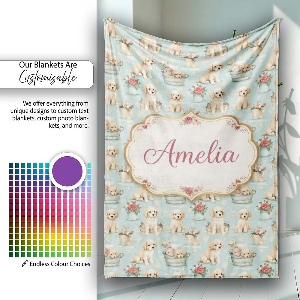 Cute Golden Retriever Puppies with Vintage Buckets Seamless Pattern  Personalised Custom Name Super Soft Fleece Blanket Bed Sofa Throw
