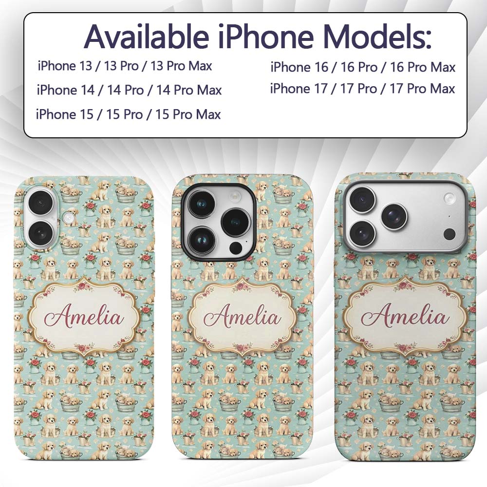 Cute Golden Retriever Puppies with Printed Design Custom Name Protective Phone Case Mobile Cover Durable Everyday Smartphone Shock Resistant
