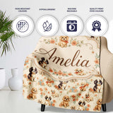 Cute Mixed Breed Puppies with Floral Accents Beige Seamless Pattern  Personalised Custom Name Super Soft Fleece Blanket Bed Sofa Throw