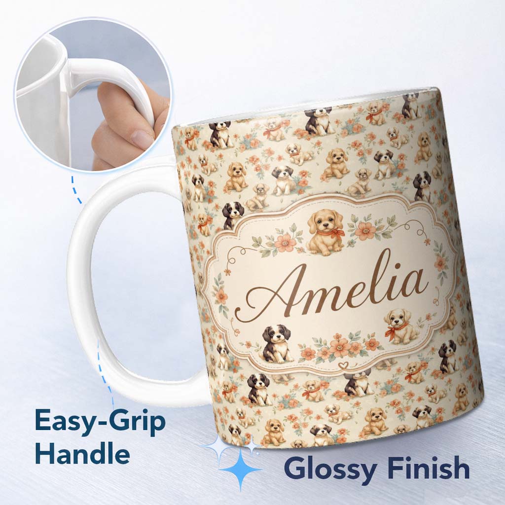 Personalized Custom Name Cute Mixed Breed Puppies with Floral Accents Beige Seamless Pattern 11oz Ceramic Coffee Tea Mug White Large Handle