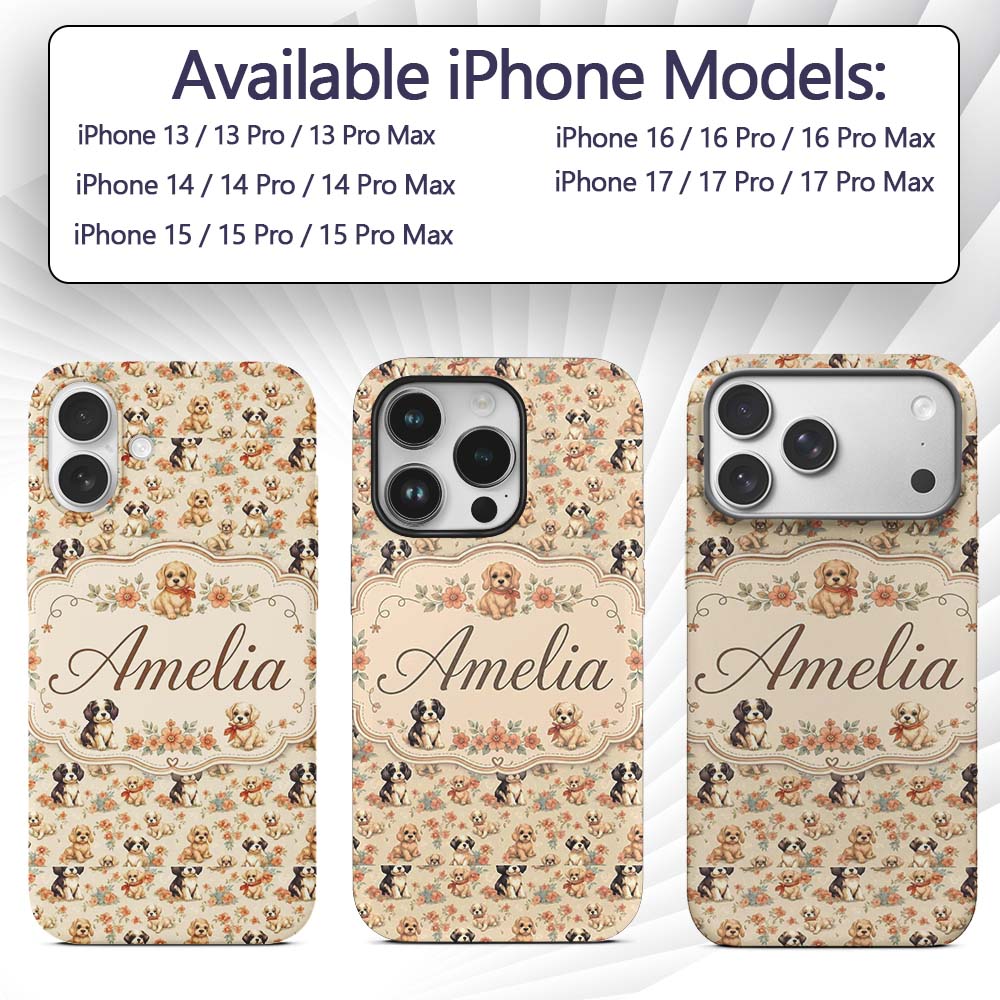 Cute Mixed Breed Puppies with Floral Accents Custom Name Protective Phone Case Mobile Cover Durable Everyday Smartphone Shock Resistant