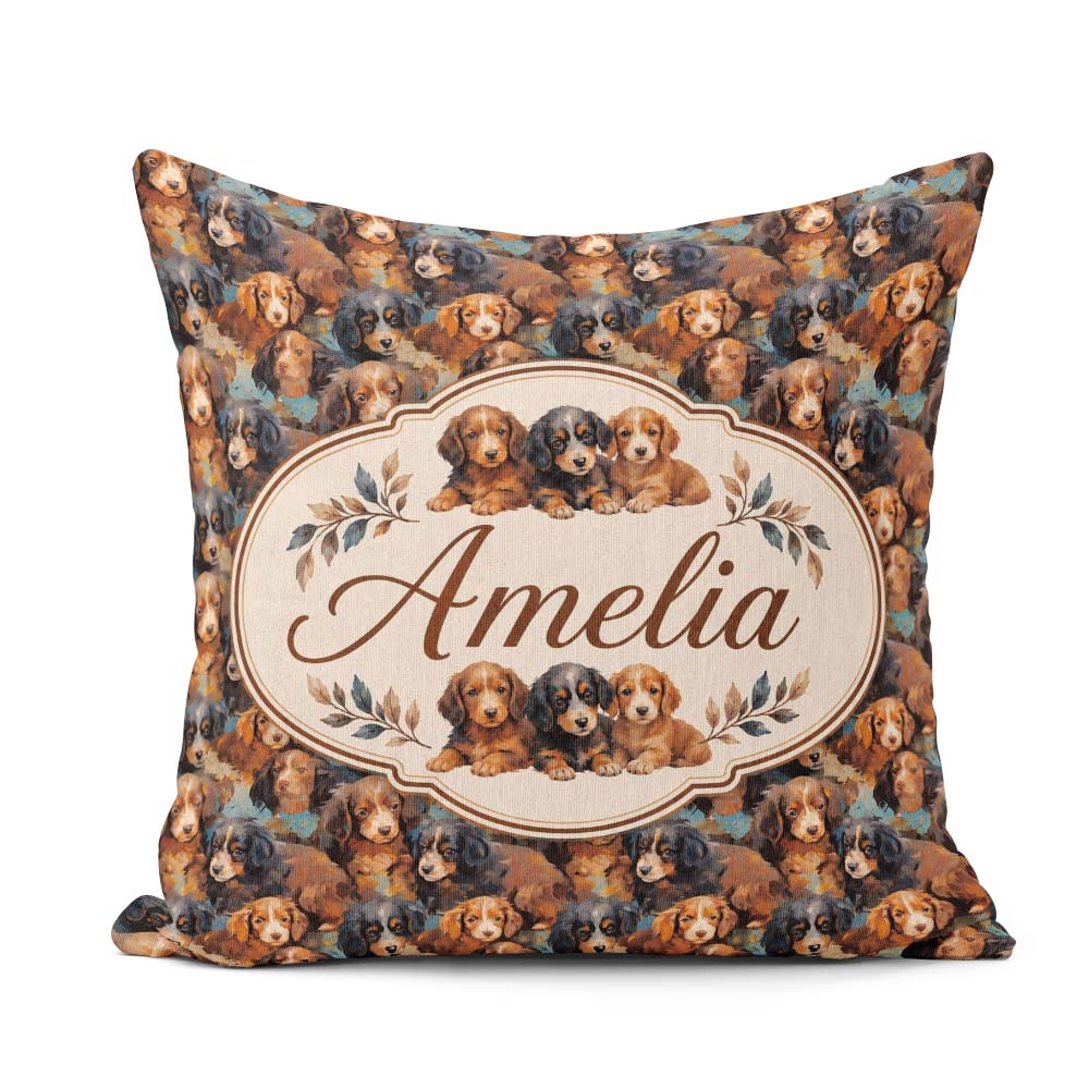 Custom Name Brown and Black Puppy Dogs Painterly Style Seamless Square Filled Cushion Throw Pillow Sofa Bed Home Decor Zip Washable UK Made