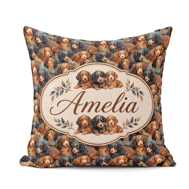Custom Name Brown and Black Puppy Dogs Painterly Style Seamless Square Filled Cushion Throw Pillow Sofa Bed Home Decor Zip Washable UK Made