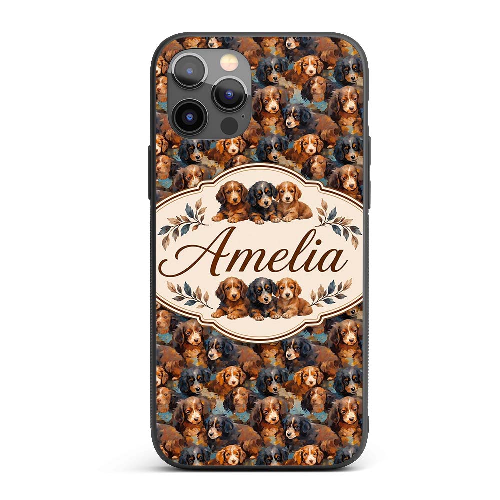 Cute Brown and Black Puppy Dogs Painterly Style Custom Name Protective Phone Case Mobile Cover Durable Everyday Smartphone Shock Resistant