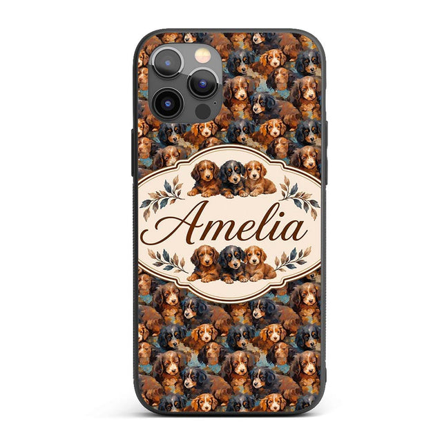 Cute Brown and Black Puppy Dogs Painterly Style Custom Name Protective Phone Case Mobile Cover Durable Everyday Smartphone Shock Resistant