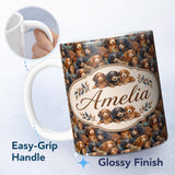 Personalized Custom Name Cute Brown and Black Puppy Dogs Painterly Style Seamless Pattern 11oz Ceramic Coffee Tea Mug White Large Handle