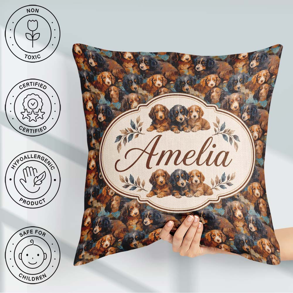 Custom Name Brown and Black Puppy Dogs Painterly Style Seamless Square Filled Cushion Throw Pillow Sofa Bed Home Decor Zip Washable UK Made