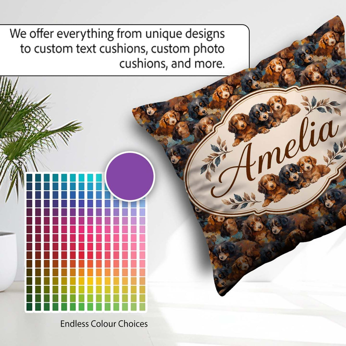 Custom Name Brown and Black Puppy Dogs Painterly Style Seamless Square Filled Cushion Throw Pillow Sofa Bed Home Decor Zip Washable UK Made