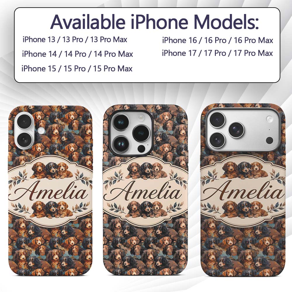 Cute Brown and Black Puppy Dogs Painterly Style Custom Name Protective Phone Case Mobile Cover Durable Everyday Smartphone Shock Resistant