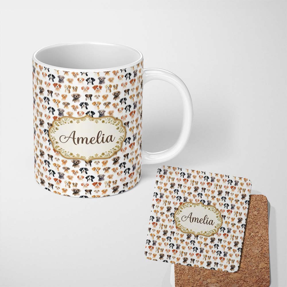 Personalized Custom Name Cute Watercolor Dog Faces on White Background Seamless Pattern 11oz Ceramic Coffee Tea Mug White Large Handle