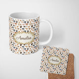 Personalized Custom Name Cute Watercolor Dog Faces on White Background Seamless Pattern 11oz Ceramic Coffee Tea Mug White Large Handle
