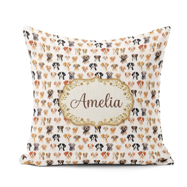Custom Name Cute Watercolor Dog Faces on White Seamless Pattern Square Filled Cushion Throw Pillow Sofa Bed Home Decor Zip Washable UK Made