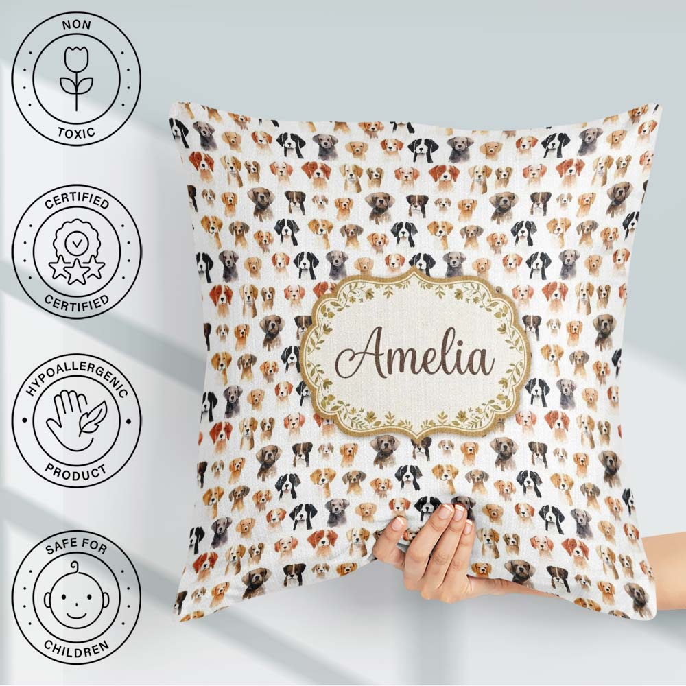 Custom Name Cute Watercolor Dog Faces on White Seamless Pattern Square Filled Cushion Throw Pillow Sofa Bed Home Decor Zip Washable UK Made