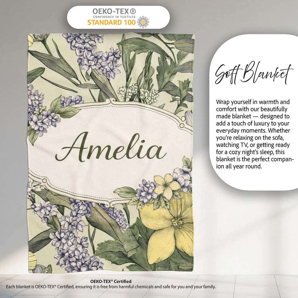 Vintage Botanical Floral Illustration Seamless Pattern Lovely  Personalised Custom Name Super Soft Fleece Blanket Bed Sofa Throw
