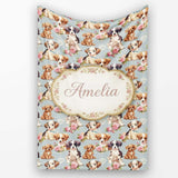 Adorable Cartoon Puppies with Pink Roses Blue Background Seamless  Personalised Custom Name Super Soft Fleece Blanket Bed Sofa Throw