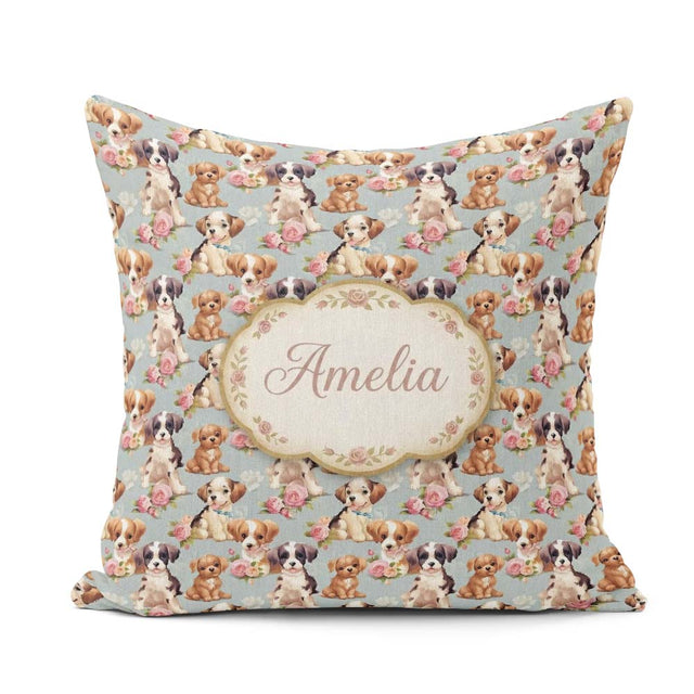 Custom Name Adorable Cartoon with Pink Roses Background Seamless Square Filled Cushion Throw Pillow Sofa Bed Home Decor Zip Washable UK Made