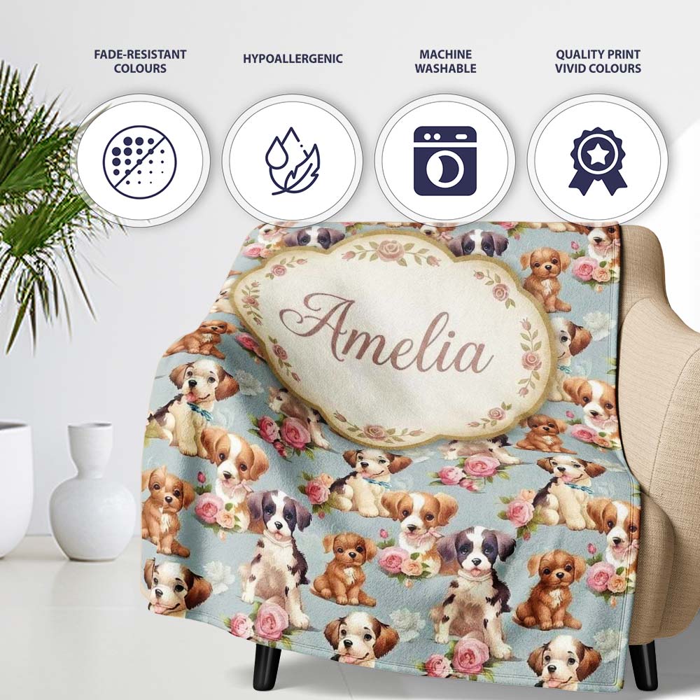 Adorable Cartoon Puppies with Pink Roses Blue Background Seamless  Personalised Custom Name Super Soft Fleece Blanket Bed Sofa Throw