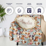 Adorable Cartoon Puppies with Pink Roses Blue Background Seamless  Personalised Custom Name Super Soft Fleece Blanket Bed Sofa Throw