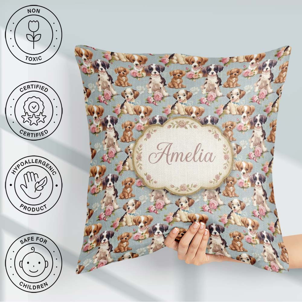 Custom Name Adorable Cartoon with Pink Roses Background Seamless Square Filled Cushion Throw Pillow Sofa Bed Home Decor Zip Washable UK Made
