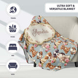 Adorable Cartoon Puppies with Pink Roses Blue Background Seamless  Personalised Custom Name Super Soft Fleece Blanket Bed Sofa Throw
