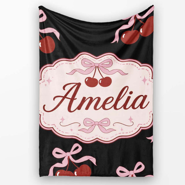 Cherry Bow Ribbon Cute Light Grey Minimal Background Seamless Lovely  Personalised Custom Name Super Soft Fleece Blanket Bed Sofa Throw