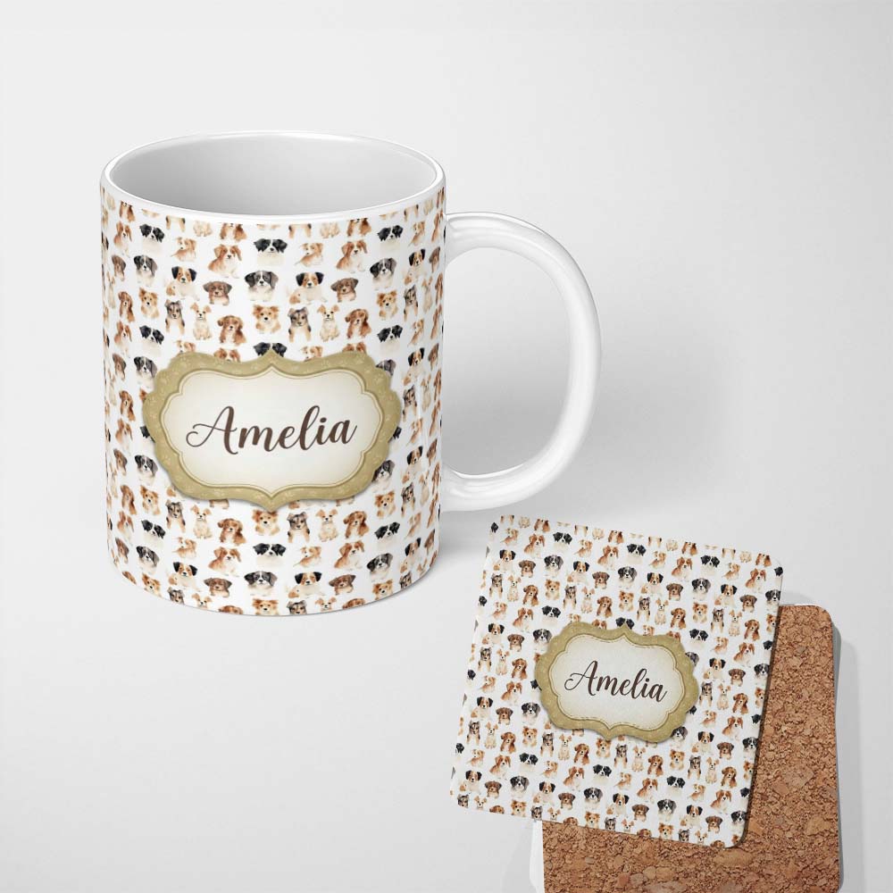 Personalized Custom Name Cute Mixed Breed Dog Portraits on White Seamless Pattern Name 11oz Ceramic Coffee Tea Mug White Large Handle