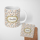 Personalized Custom Name Cute Mixed Breed Dog Portraits on White Seamless Pattern Name 11oz Ceramic Coffee Tea Mug White Large Handle