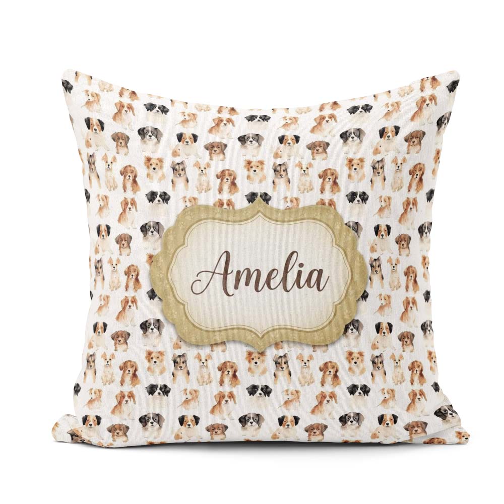 Custom Name Cute Mixed Breed Dog Portraits on White Pattern Name Square Filled Cushion Throw Pillow Sofa Bed Home Decor Zip Washable UK Made