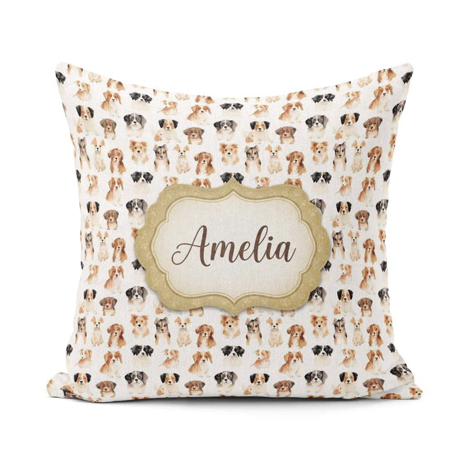 Custom Name Cute Mixed Breed Dog Portraits on White Pattern Name Square Filled Cushion Throw Pillow Sofa Bed Home Decor Zip Washable UK Made