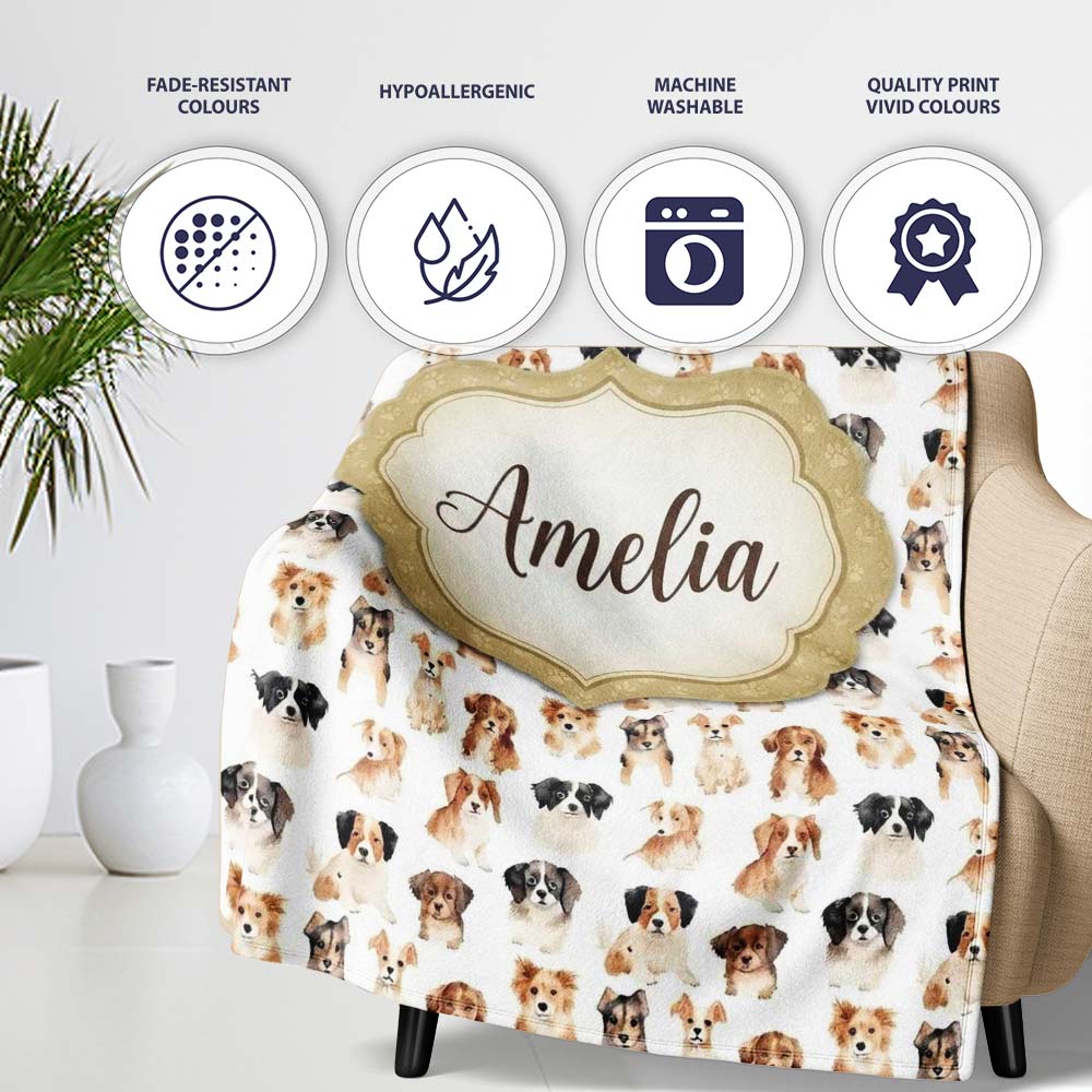 Cute Mixed Breed Dog Portraits on White Seamless Pattern Name  Personalised Custom Name Super Soft Fleece Blanket Bed Sofa Throw