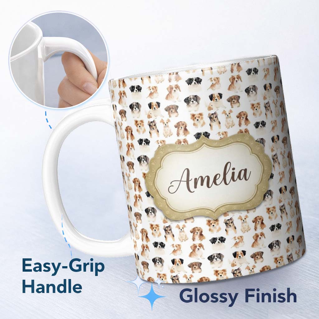 Personalized Custom Name Cute Mixed Breed Dog Portraits on White Seamless Pattern Name 11oz Ceramic Coffee Tea Mug White Large Handle