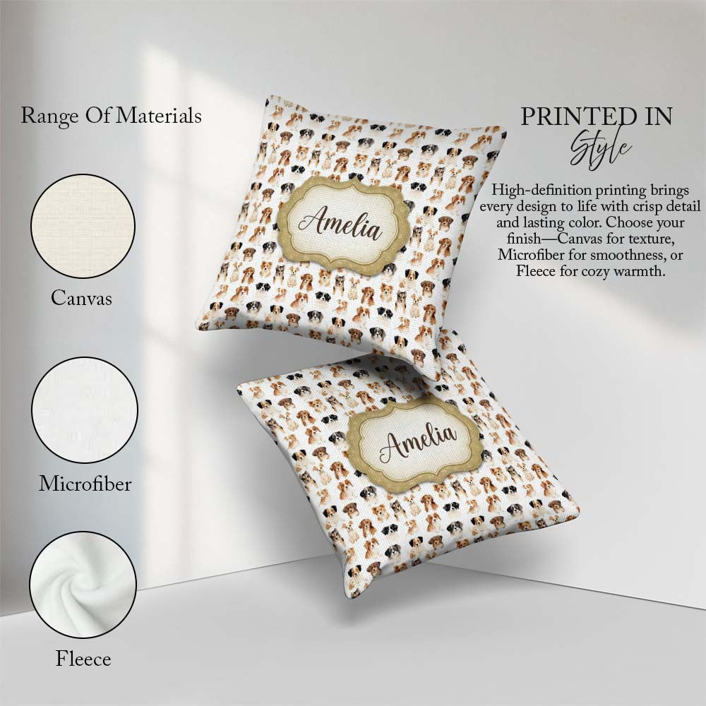 Custom Name Cute Mixed Breed Dog Portraits on White Pattern Name Square Filled Cushion Throw Pillow Sofa Bed Home Decor Zip Washable UK Made