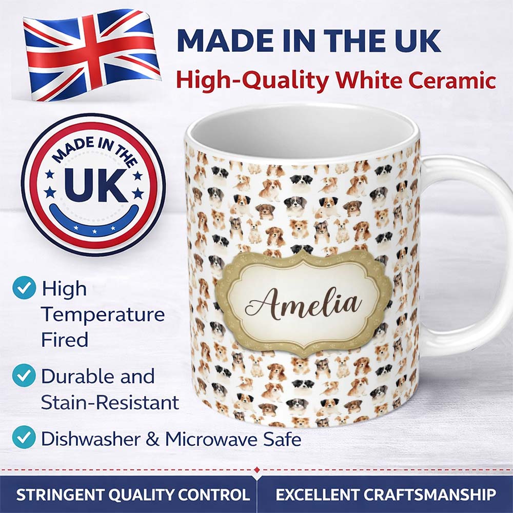 Personalized Custom Name Cute Mixed Breed Dog Portraits on White Seamless Pattern Name 11oz Ceramic Coffee Tea Mug White Large Handle