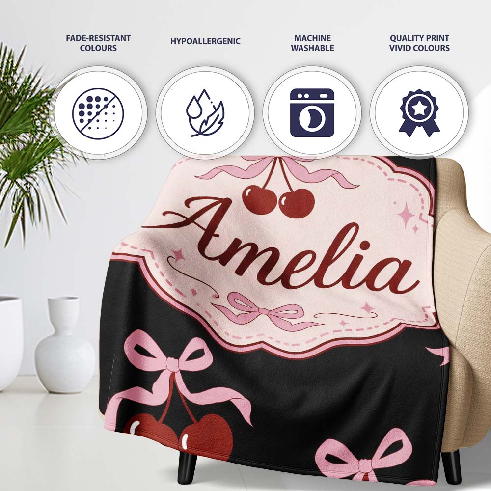 Cherry Bow Ribbon Cute Light Grey Minimal Background Seamless Lovely  Personalised Custom Name Super Soft Fleece Blanket Bed Sofa Throw